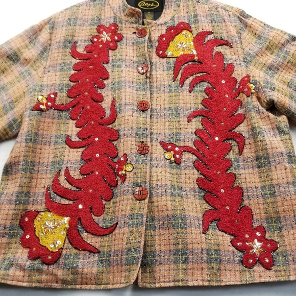 Vintage Alex Kim Jacket Women 2X Plaid Beaded Art to Wear Mandarin Collar Blazer - Picture 4 of 10